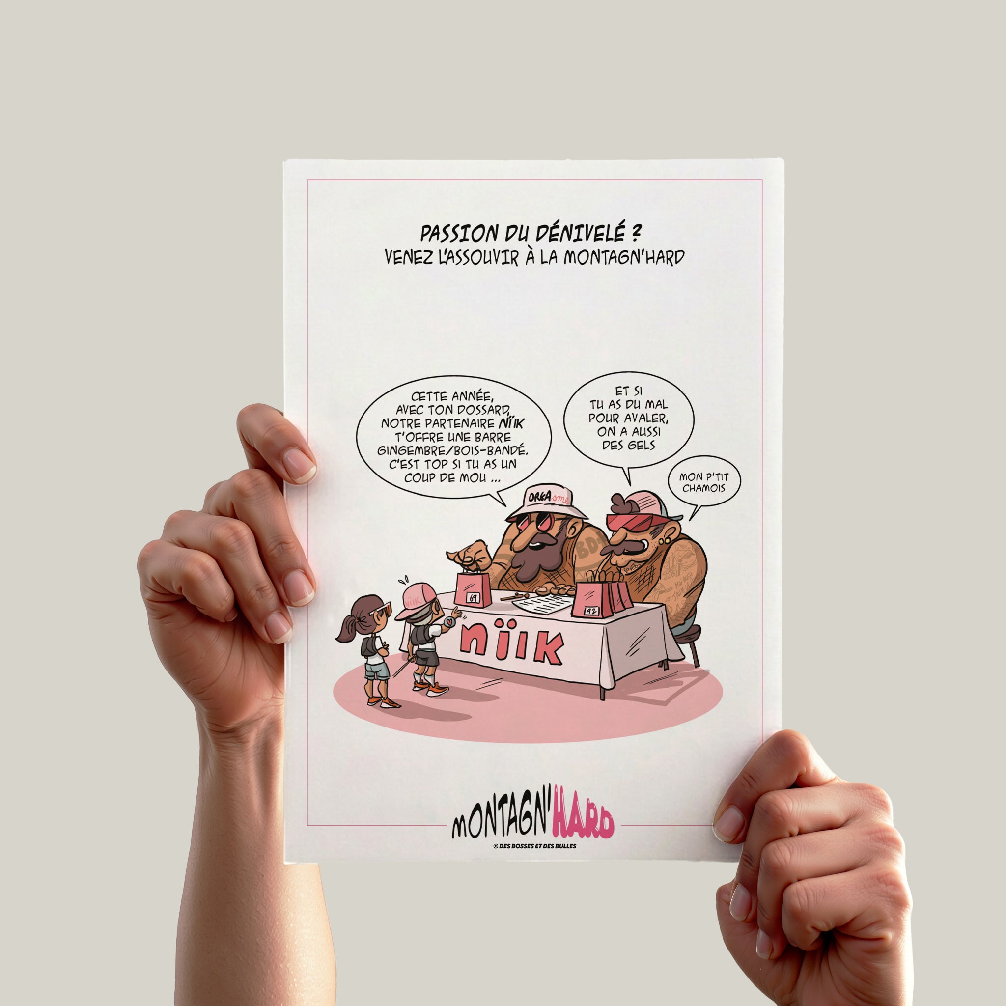 Illustration humoristique Trail Running Montagn'Hard® – Le Retrait des Dossards VIP | Des Bosses et Des Bulles®