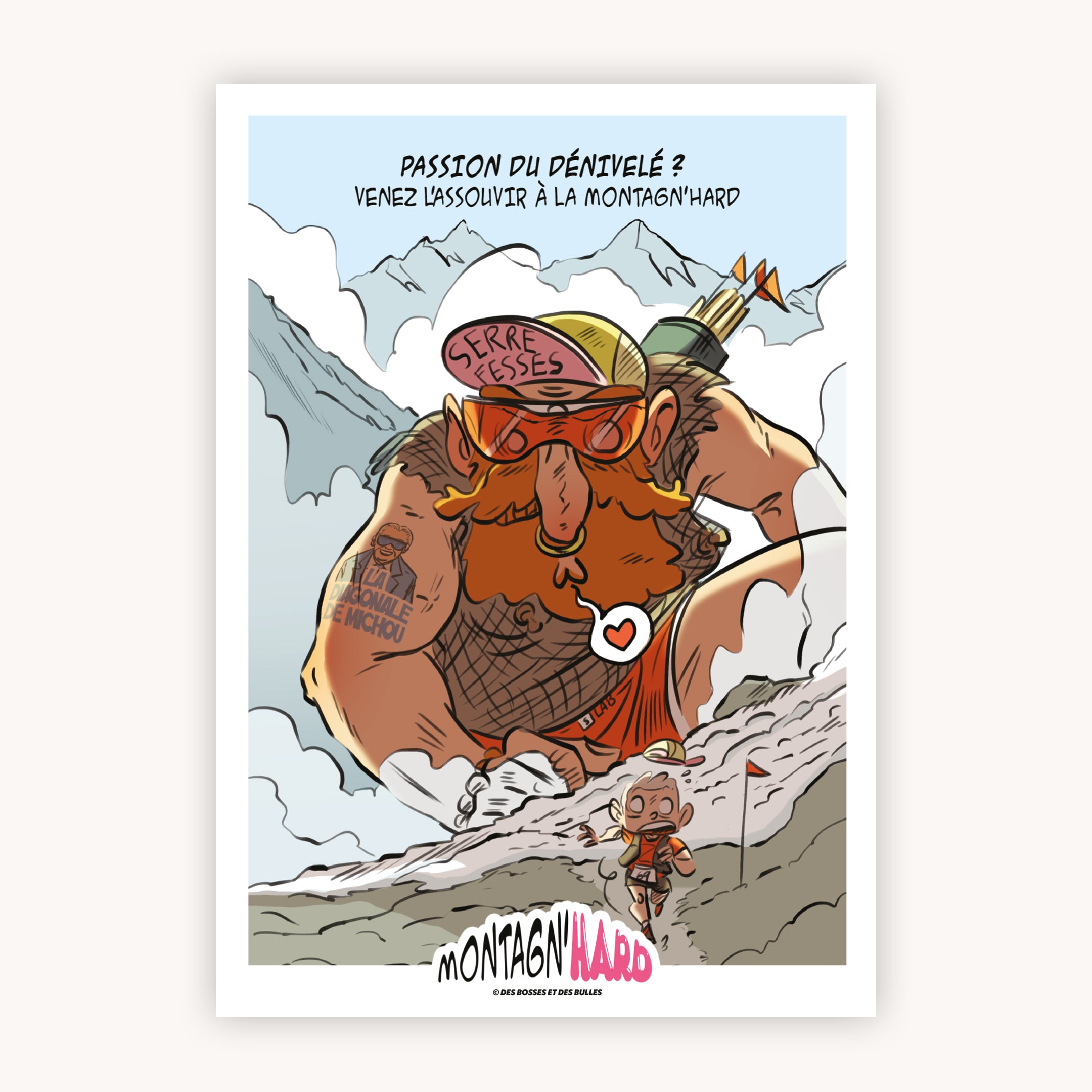 Illustration humoristique Trail Running Montagn'Hard® – Le Gardien du D+ | Des Bosses et Des Bulles®