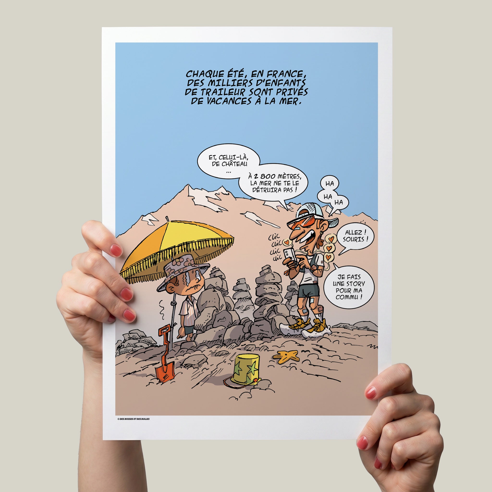 Illustration humoristique sur les vacances d'une famille de traileurs en montagne, par Des Bosses et Des Bulles®.