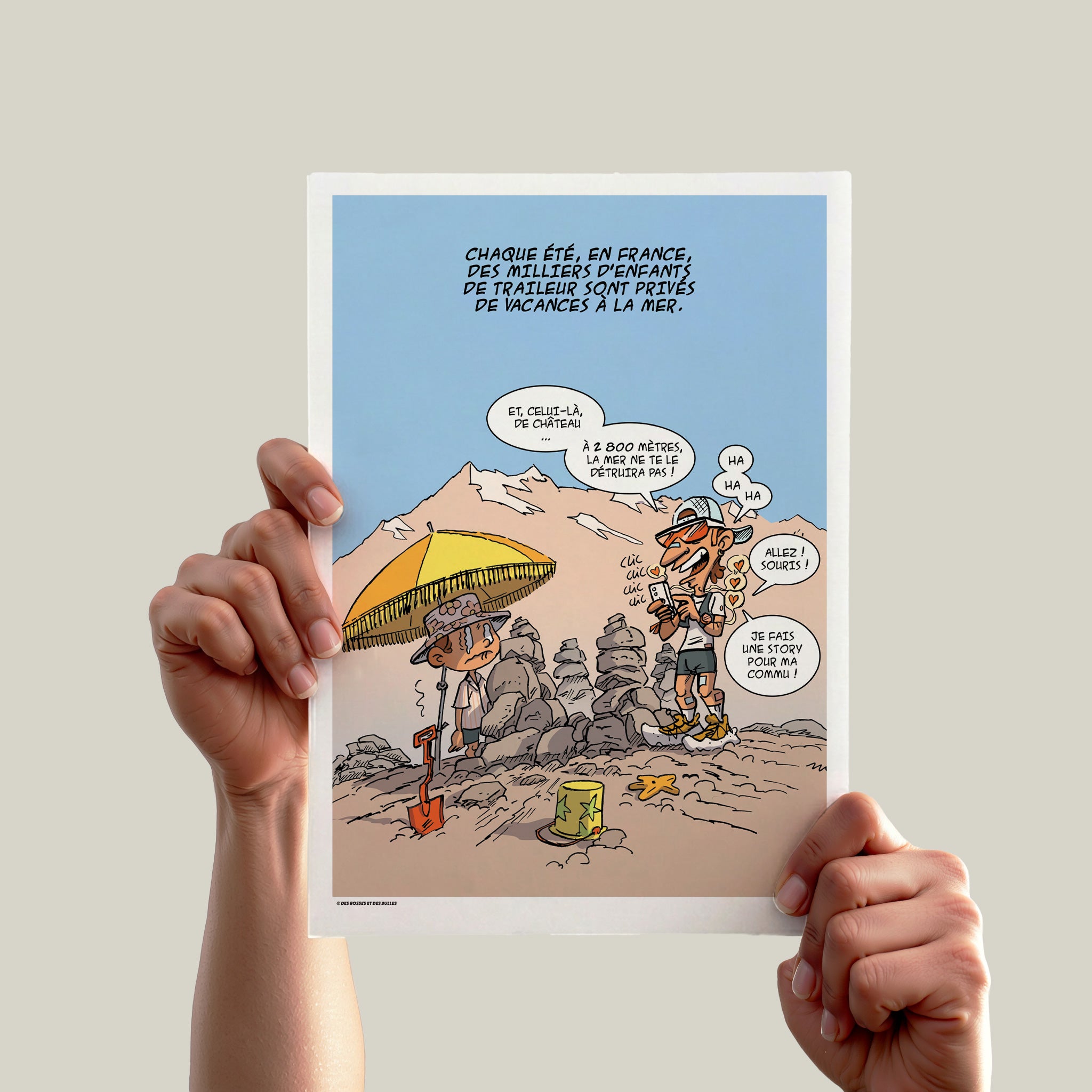 Illustration humoristique sur les vacances d'une famille de traileurs en montagne, par Des Bosses et Des Bulles®.