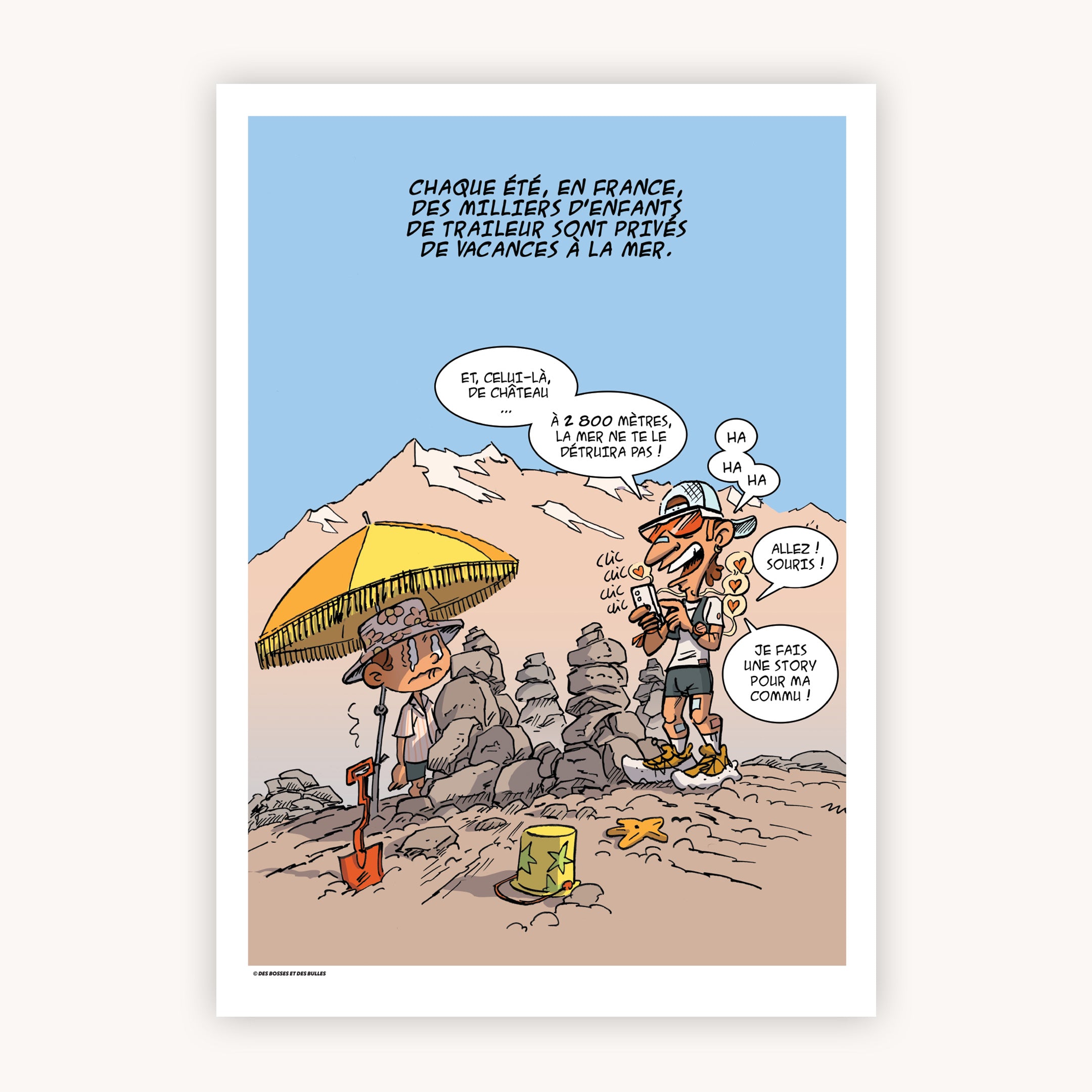 Illustration humoristique sur les vacances d'une famille de traileurs en montagne, par Des Bosses et Des Bulles®.