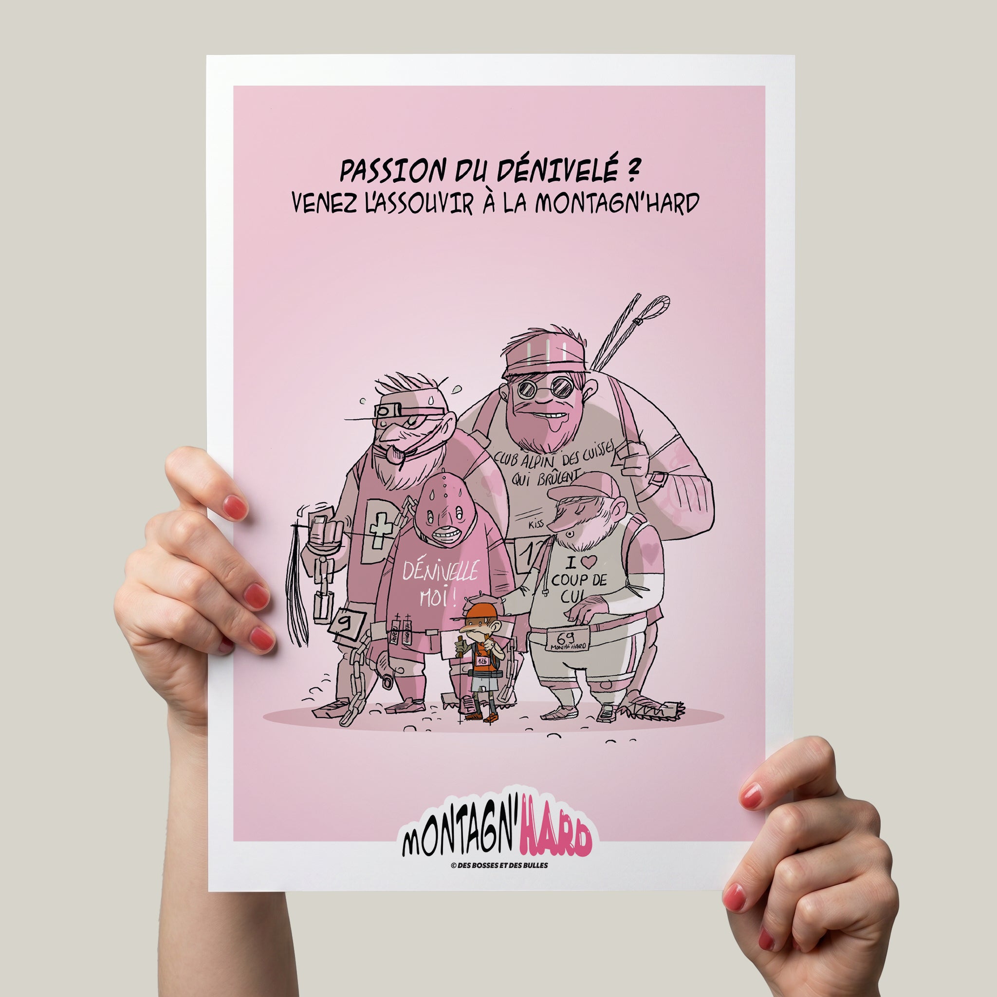 Illustration humoristique des passionnés de dénivelé à la Montagn'Hard par Des Bosses et Des Bulles.