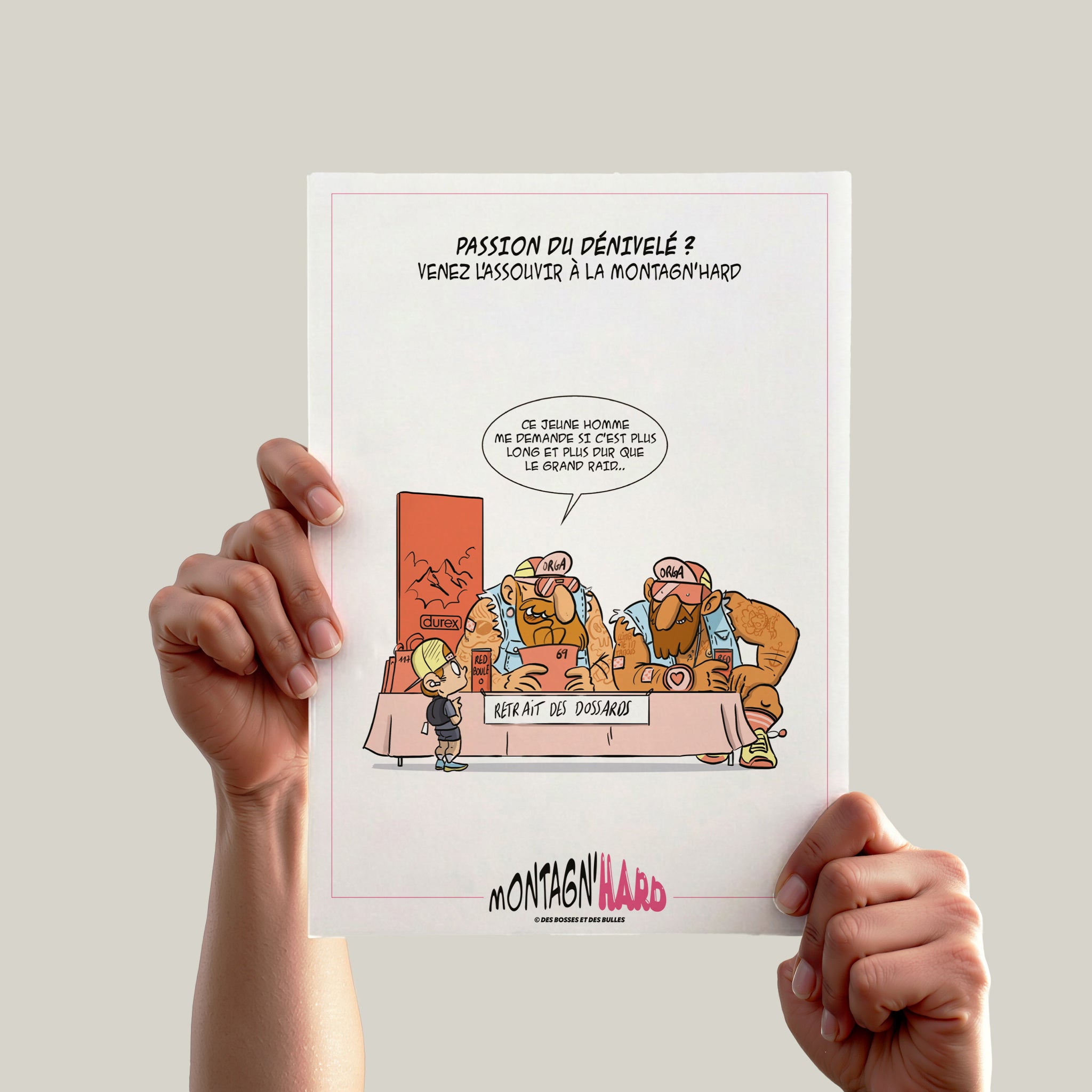 Illustration humoristique trail running du retrait des dossards à la Montagn'Hard par Des Bosses et Des Bulles®.