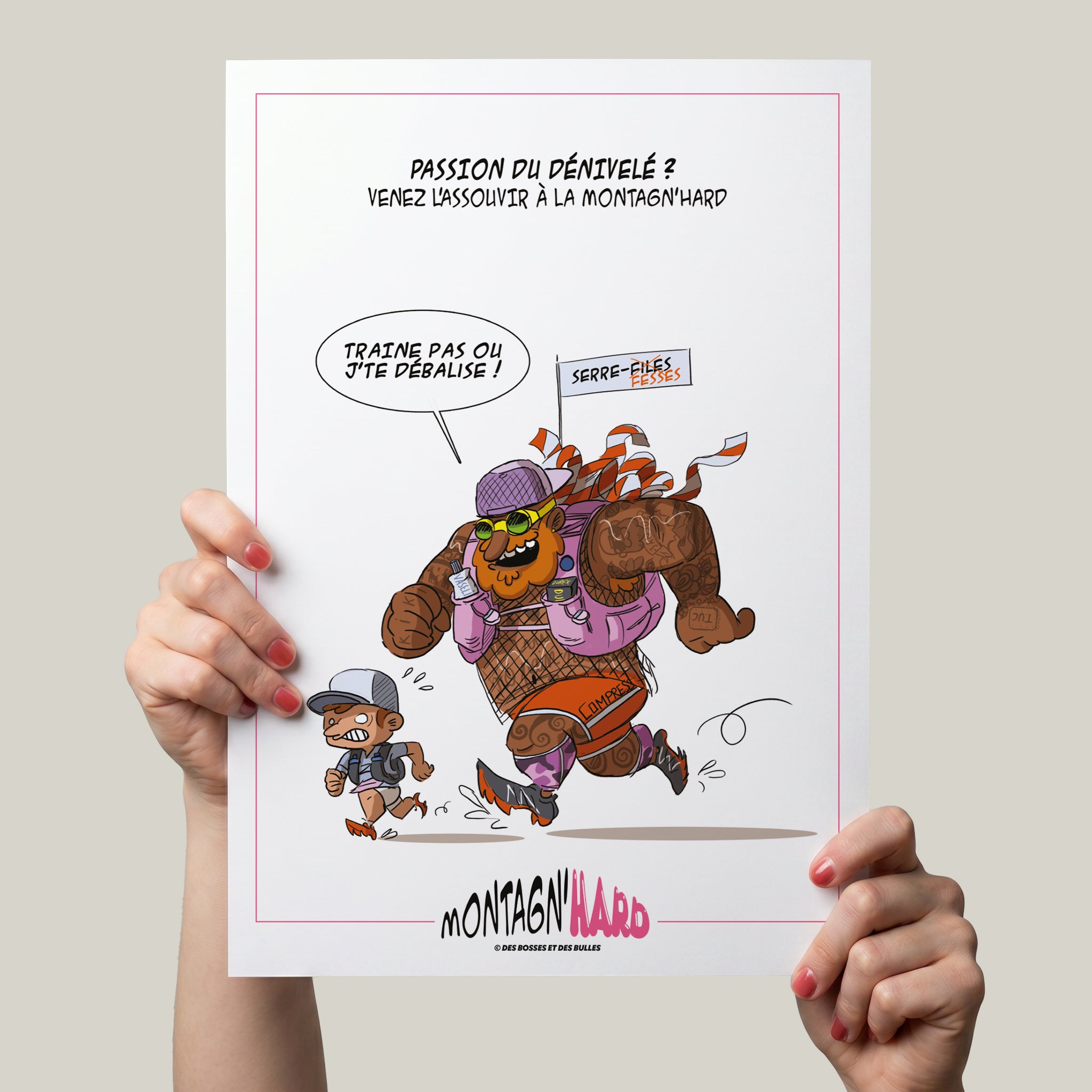 Illustration humoristique trail running Montagn'Hard avec le serre-file fesses par Des Bosses et Des Bulles®.