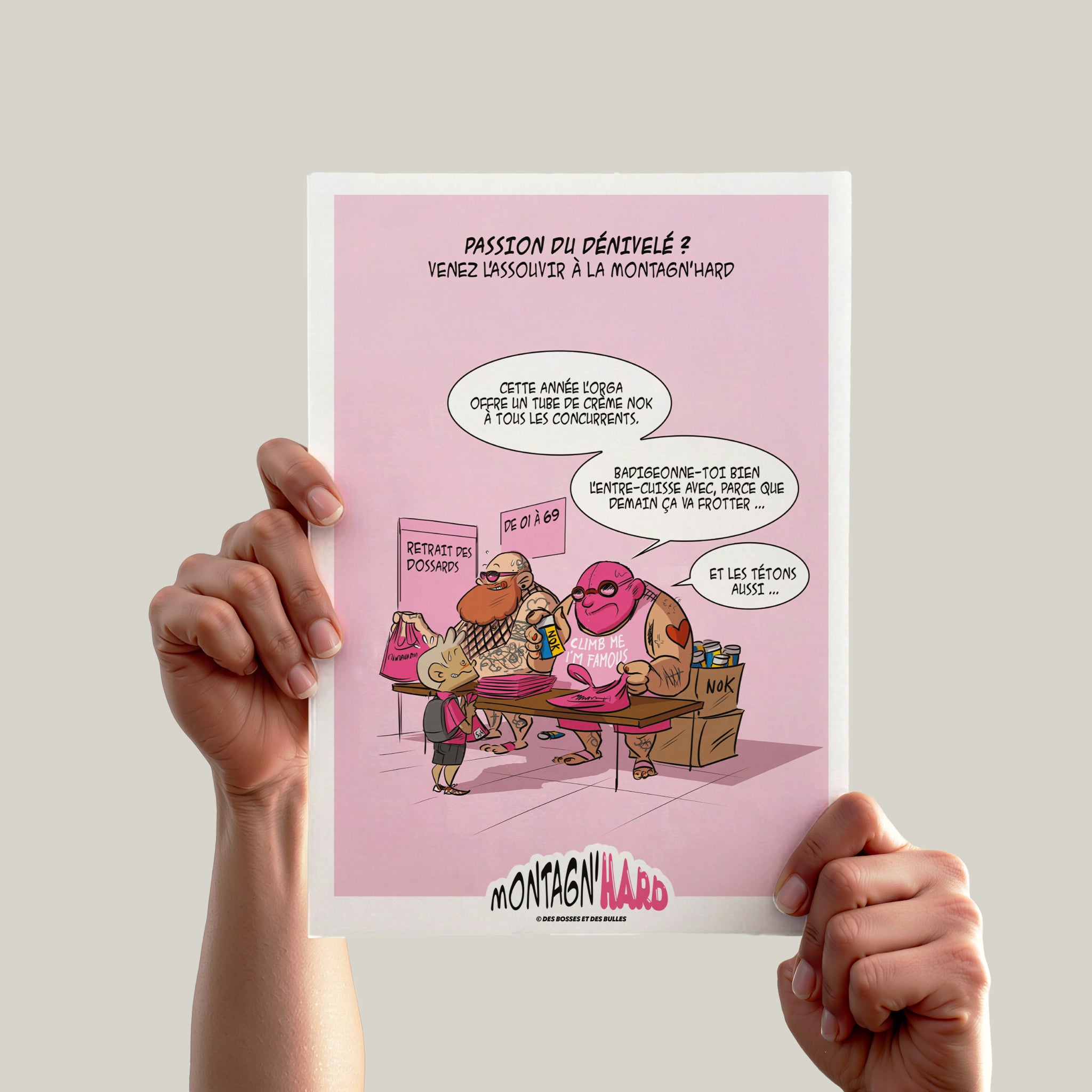 Illustration humoristique Montagn'Hard sur les préparatifs d'un ultra-trail et le célèbre tube de NOK par Des Bosses et Des Bulles.