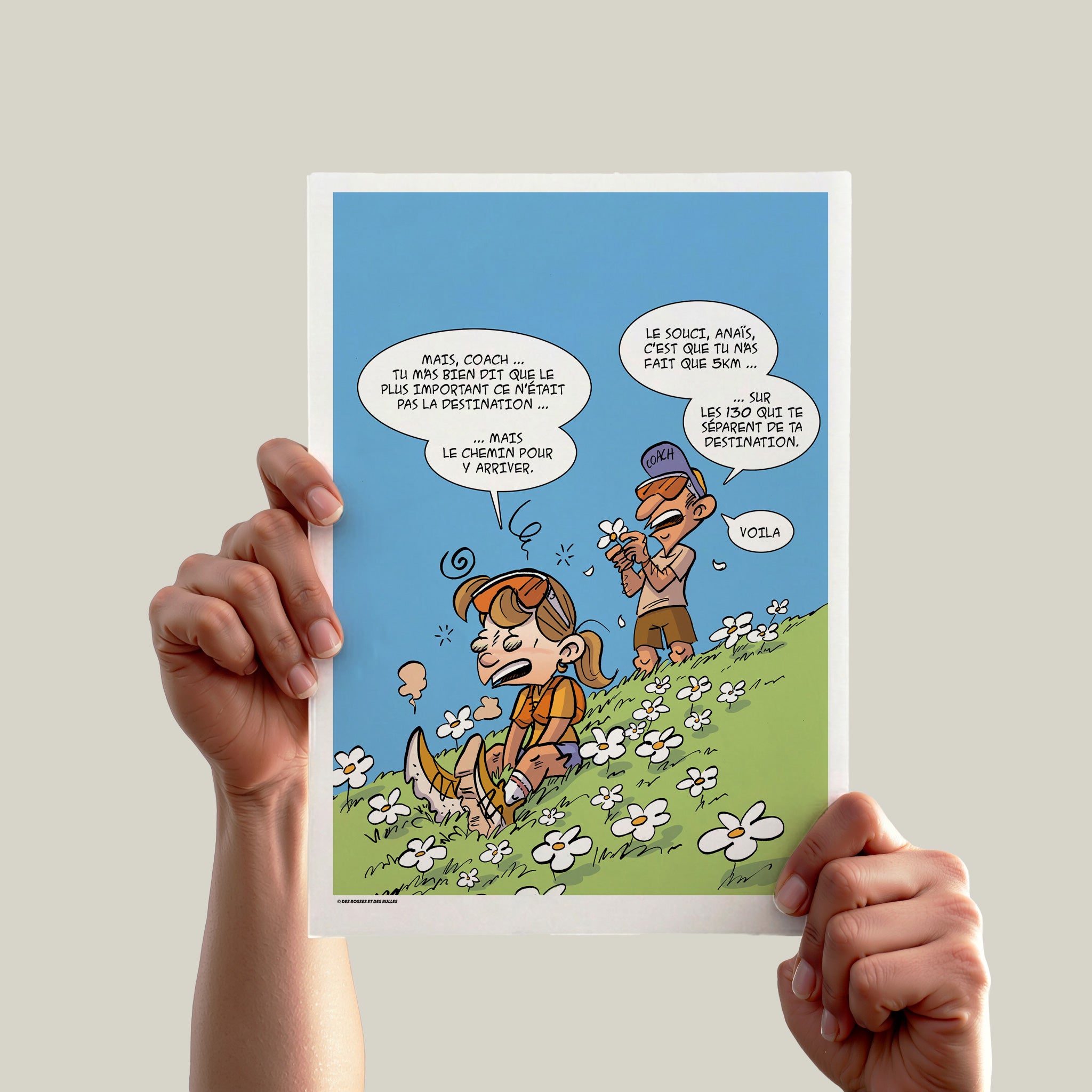 Illustration humoristique trail running sur le coaching et la philosophie de course par Des Bosses et Des Bulles