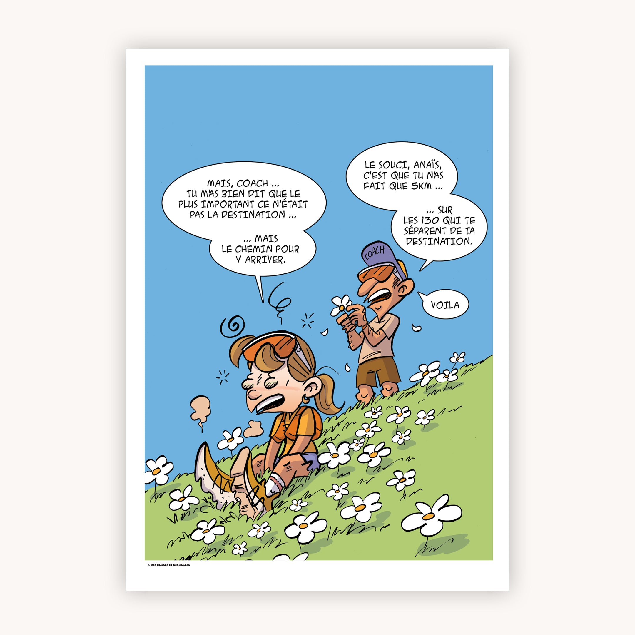 Illustration humoristique trail running sur le coaching et la philosophie de course par Des Bosses et Des Bulles