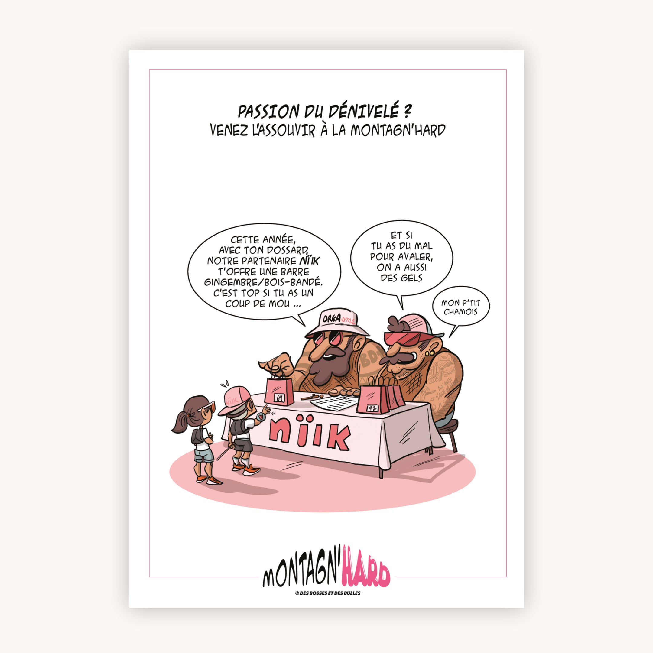 Illustration humoristique trail running sur le retrait des dossards de la Montagn'Hard par Des Bosses et Des Bulles®.