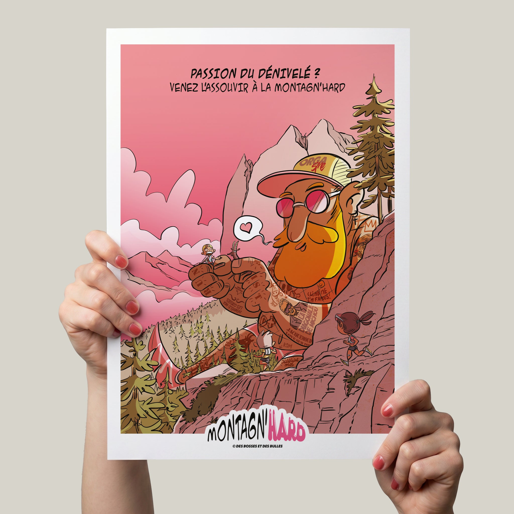 Illustration humoristique officielle de la tournée Des Bosses et Des Bulles® 2022 à la Montagn'Hard.
