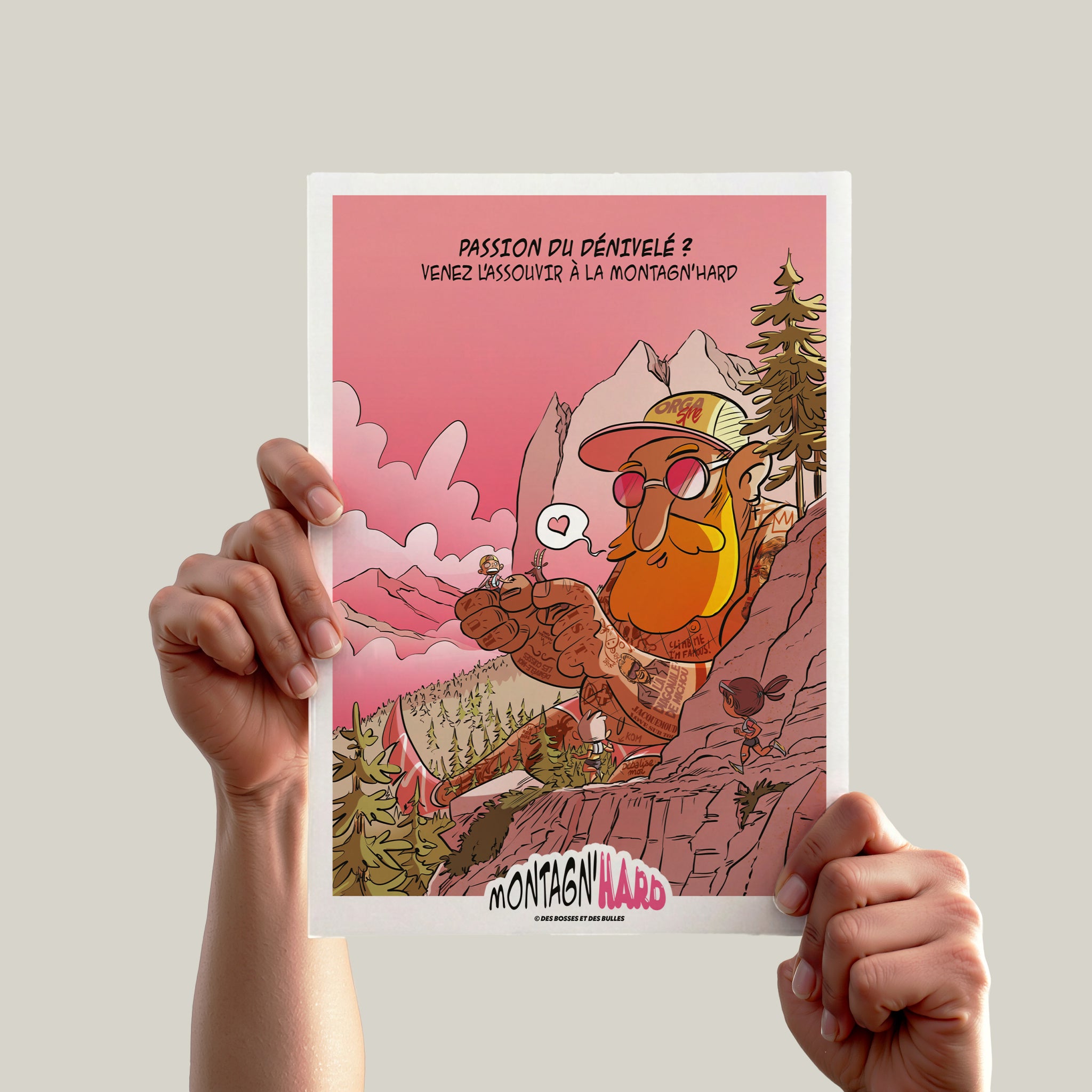 Illustration humoristique officielle de la tournée Des Bosses et Des Bulles® 2022 à la Montagn'Hard.