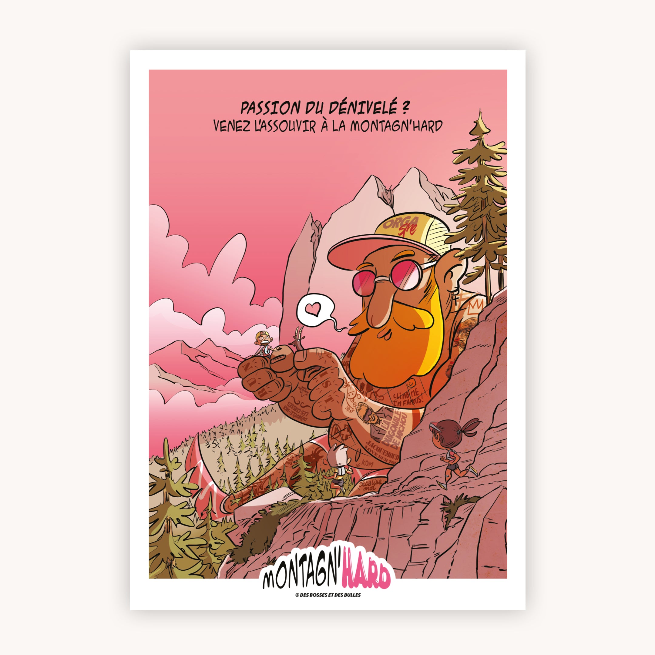 Illustration humoristique officielle de la tournée Des Bosses et Des Bulles® 2022 à la Montagn'Hard.