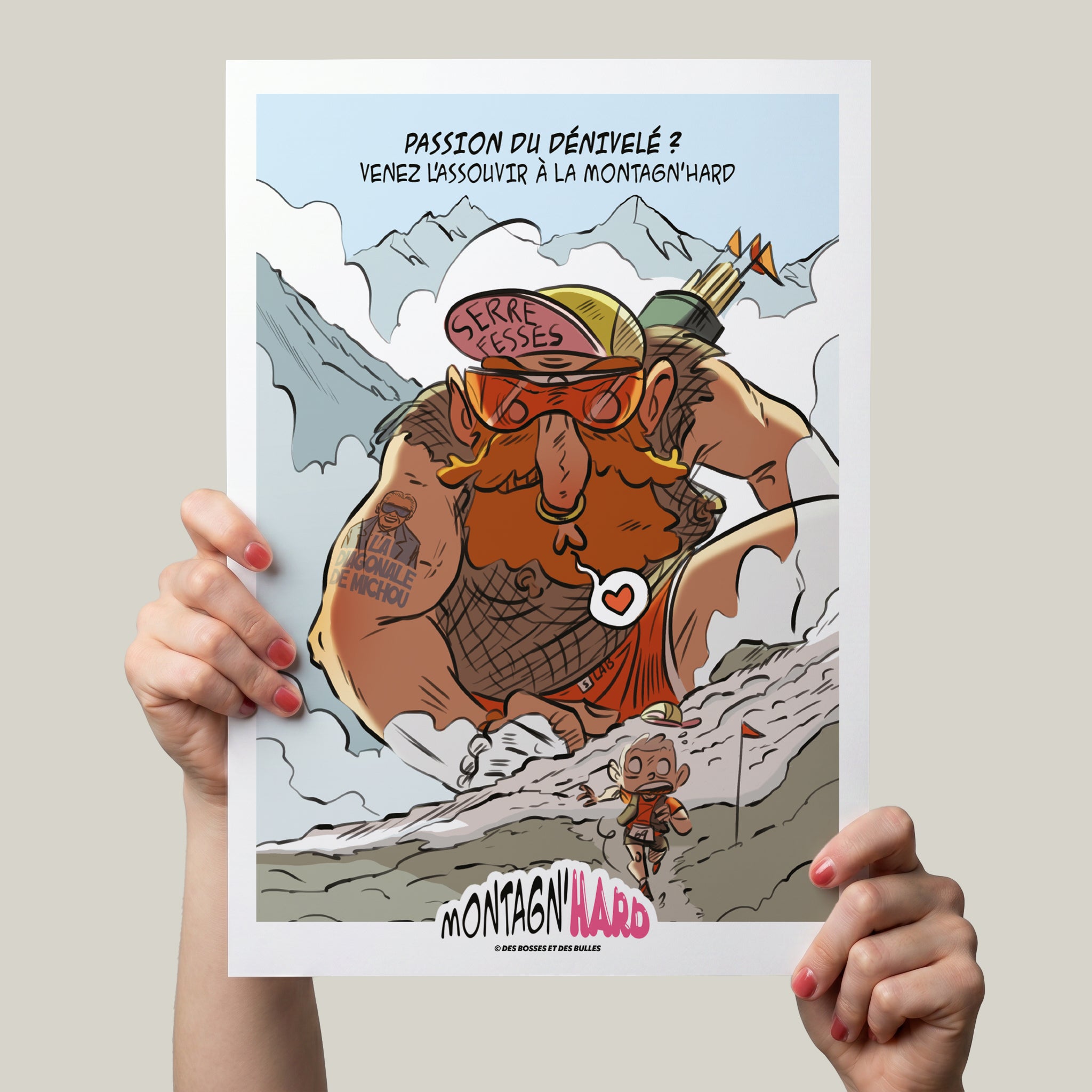Illustration humoristique Trail Running Montagn'Hard® – Le Gardien du D+ | Des Bosses et Des Bulles®