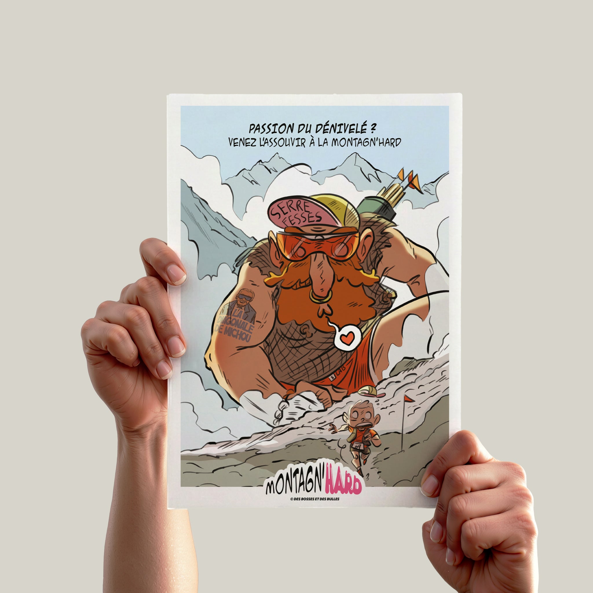 Illustration humoristique Trail Running Montagn'Hard® – Le Gardien du D+ | Des Bosses et Des Bulles®