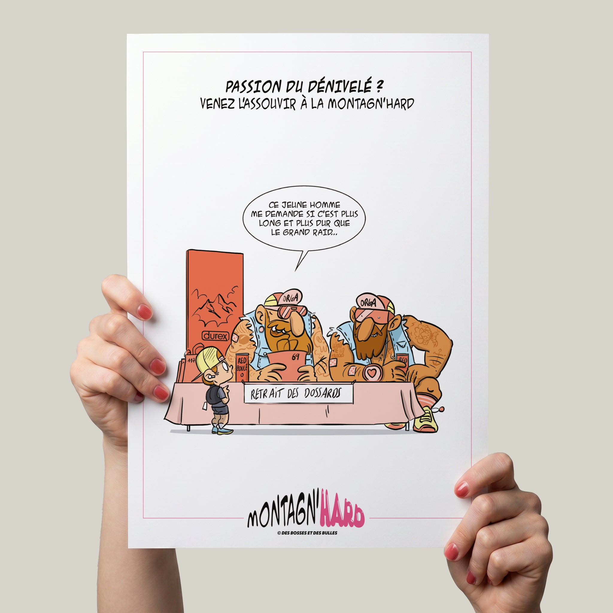 Illustration humoristique trail running du retrait des dossards à la Montagn'Hard par Des Bosses et Des Bulles®.