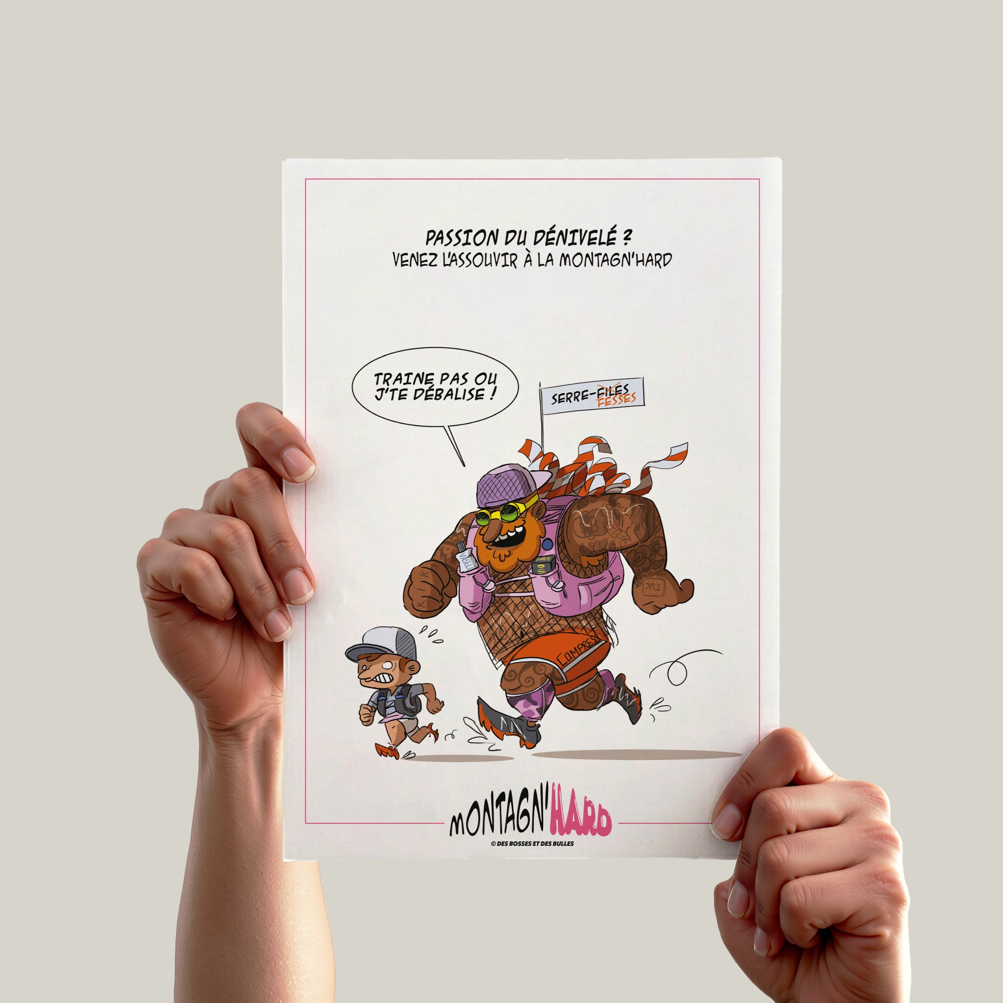 Illustration humoristique trail running Montagn'Hard avec le serre-file fesses par Des Bosses et Des Bulles®.